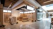 © Akmal Wardana - An empty store interior under construction with wooden shelves and boxes.
