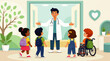© Putri - Doctor welcoming diverse kids at pediatric clinic entrance with smile and open arms