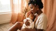 © photoplotnikov - Mother cradling sleeping infant in warm sunlit room, tender bonding and nurturing moment between parent and baby on cozy textile backdrop, intimate domestic childcare and maternal comfort