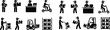 © Mdsamim - Delivery and warehouse logistics icons featuring couriers workers forklifts and storage shelving units set.