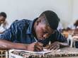 © Ryzhkov - Focused young male student writing an exam at a weathered desk, his posture diligent and concentrated in a bright classroom for education and academic lifestyle