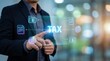 © Jo - Financial Advisory and Tax Automation Concept: Floating Cyan Holographic Dashboard with 2D Accounting Folders, Tax Returns, and Pie Chart Analytics