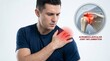 © sudhikksha - Man holding his shoulder with joint anatomy illustration rotator cuff pain concept