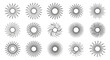 © KhalidBin - Set of fifteen diverse sun symbols or circular mandalas featuring intricate swirling rays and geometric line patterns in black and white.