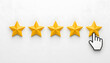 © Mohsin - Five golden stars with cursor hand pointer clicking last star on white background. Customer satisfaction, review rating and feedback concept vector.