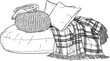 © Fitri - Cozy Pillow and Blanket Set for Home Decor Featuring a Plaid Throw and Knitted Cushions in a Hand-Drawn Sketch Illustration