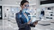 © AGI Studio - A professional woman uses a digital tablet with virtual shopping cart icons and discount percentages in a modern retail environment.