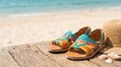 © Nina - Colorful Woven Leather Huarache Sandals on Wooden Beach Deck with Straw Hat and Seashells for Summer Vacation Concept