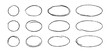 © Elena Pimukova - Hand drawn crayon ovals and circles set. Chalk pencil ovals of different widths. Highlight line circle frames. Design ellipses in crayon doodle style. Vector illustration isolated on white background.