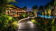 © VeeLyndt - Enchanting tropical resort at dusk, featuring a beautifully lit pathway leading to a luxurious restaurant, surrounded by lush gardens and a serene pool overlooking the tranquil ocean