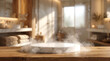 © Jasna57 - White marble podium with steam for cosmetic display mockup on a wooden table in a bright luxury spa scene.