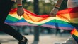 © ng-TDRD - Two people hold a rainbow pride flag, wearing rainbow wristbands, symbolizing LGBTQ+ support and celebration in an outdoor setting.