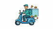 © karina - A cartoon delivery person riding a blue scooter with food