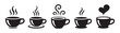 © Labib - Set of five stylized coffee cups with steam and heart icon on checkered background.