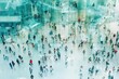 © bodnarphoto - Crowd of people walking through a bright modern glass atrium from above, showing busy movement, reflections and a spacious indoor public space.