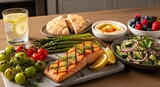 Healthy grilled salmon with fresh vegetables and dips for a balanced meal