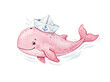 © asif - Cute pink whale character swimming happily with a small paper boat featuring a blue anchor illustration on its head rendered in a soft artistic watercolor style isolated on transparent background