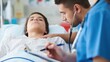 © SerPak - A doctor checks the heartbeat of a young patient lying on a hospital bed. Medical examination and care.
