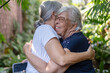 © luciano - Senior women embracing outdoors displaying heartfelt friendship, care, and emotional support, sharing a happy moment together in a lush garden environment