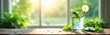 © Vadym - Glass of water with cucumber and mint sits on wood table. Sun shines through window onto green garden. Refreshing drink for healthy lifestyle.