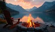 © Vadym - Wooden chair sits near burning campfire on rocky lake shore. Mountains rise over calm water at sunset. Forest lines the distant coast. Peaceful autumn evening scene.