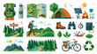 © MUHAMADNURARIPIN - Backpacking Gear, Reusable Bottle and Map Composition in Eco Summer Travel Vector Asset Sheet with Clean Flat Design for Sustainable Adventure Concepts