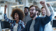 © Pug - A diverse group of cheerful colleagues celebrating success in a modern office. Their joyful expressions reflect teamwork and collaboration in a dynamic work environment.