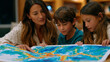 © Maksym - A family unit gathers in a warm living room as a mother explains a colorful poster illustrating neuron firing action potential sequences to her two school-age children, the diagram propped against t