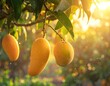 © Bella - Ripe, dewy mangoes hang from a sun-drenched tree in soft, golden light