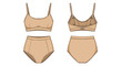 © Awan - Technical Flat Sketch of Beige Lingerie Set with High Waisted Panty and Scoop Bra Front and Back Views for Design