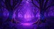 © Sathaporn Buarabut - Enchanted forest path glows with violet light as mystical trees frame a trail through dark woods filled with magical sparkles and night fog, ethereal, haze, fantasy