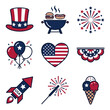 © rioyoungguns - Flat vector patriotic icons for Independence Day featuring Uncle Sam's hat, BBQ grill, fireworks, balloons, flag heart, bunting, rocket, and summer treats.
