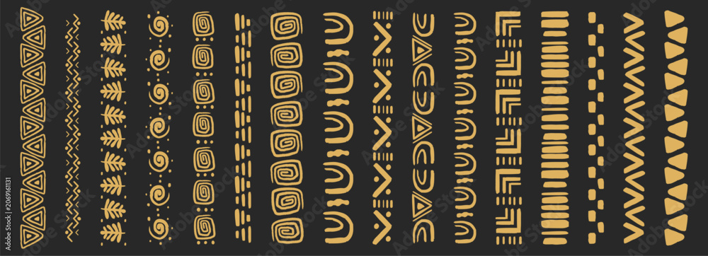 Native Doodle Tribal African folk border, golden ethnic motif hand drawn doodle set ...