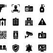 © sabrina1122 - Set of black and white security and medical featuring facial recognition, visitor badges, hand sanitizer, and surveillance cameras