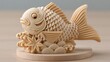 © Megin Design - 波と紅葉の台座に乗った精巧な鯛焼き。木製のトレイに置かれた秋の季節感漂う和菓子の造形。日本の伝統工芸と食文化