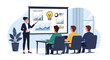 © Resinur - Businesswoman presenting data charts and graphs on a projector screen to colleagues in a meeting room.