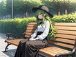 © 炎天下 - 女性　緑色の髪　ロングヘアー　ボサボサの髪　黒いハット　白いシャツ　黒いロングスカート　ベンチに座っている　ぼーっとしている　晴れ