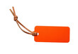© Poly - Blank orange paper gift tag with a natural brown leather string isolated on a transparent background