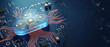 © itlada - Glowing blue cloud icon with circuit board patterns on a dark blue background with glowing orange circuit lines, representing cloud computing and technology