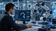 © Artyom - Engineer programs and monitors a robotic arm at a high-tech manufacturing workstation in a modern automated factory