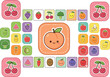 © Quadra - Cute cartoon food sticker pack and educational memory tiles template with smiling banana grape pear kiwi peach and cherry graphic elements layout