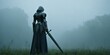 © anis rohayati - Medieval warrior in armor standing with sword in foggy environment