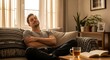 © ipman - Relaxed young man resting on sofa with eyes closed at home in living room