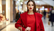 © joll - Stylish woman in red coat and dress with bright red lipstick, posing in a modern shopping mall, elegant fashion, consumerism