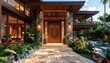 © ExploreAI - Luxurious tropical-style house front entrance with large carved wooden double door framed by stone columns and walls, stone tile pathway bordered by lush tropical plants and greenery, warm lighting il