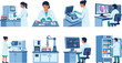 © Hello World - Flat vector illustration set of laboratory scientists and technicians using automated clinical diagnostic equipment