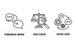 © MAHMUDA  - Consensus merge bias check and intent sync infographic icons with consensus communication agreement collaboration analysis weighing magnifying settings processing strategy decision business