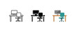 © Nargis - Office workspace setup with computer on desk and chair, corporate desktop workplace, home office freelance remote work room icon set vector illustration