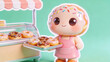 © Raharja - Cute cartoon girl with donut head serving trays of colorful donuts at bakery