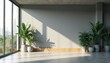 © Pete - Empty modern office interior with potted plants and large windows. Sunlight streams across the floor, casting shadows from rich foliage. Minimalist grey walls offer space for text and graphics.